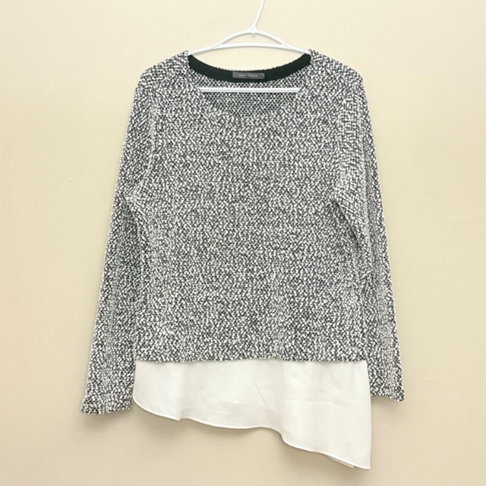 Suzy Black & White Popcorn Knit Sweater Asymmetrical Blouse Trim – Size XL EUC - Picture 2 of 14